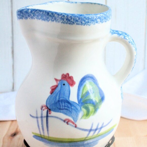 Vintage N.S. Gustin Blue Rooster Pitcher - Picture 1 of 2